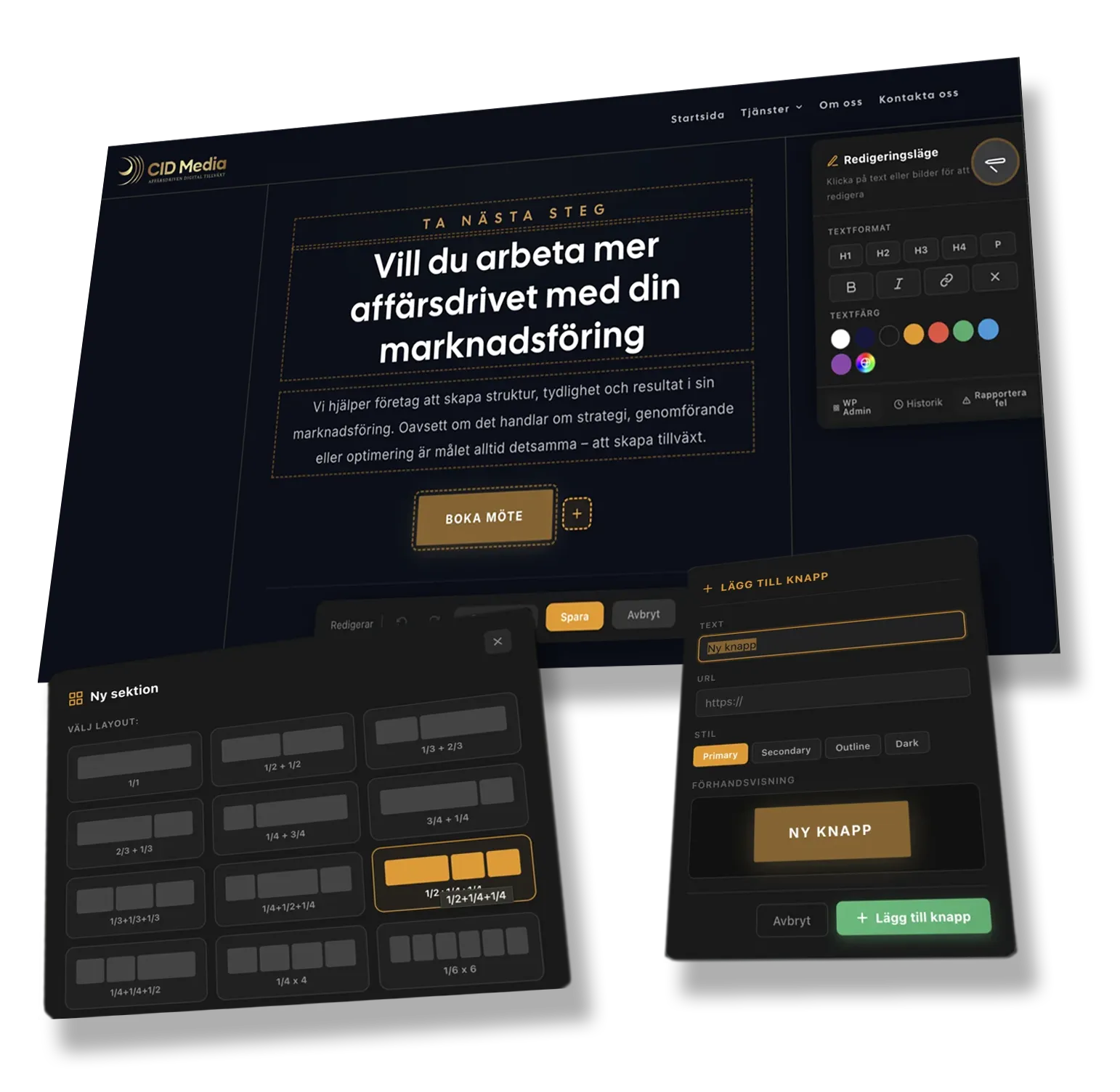 AInsteinWP Frontend Editor — redigera text, byt bilder, lägg till sektioner och knappar direkt på sidan